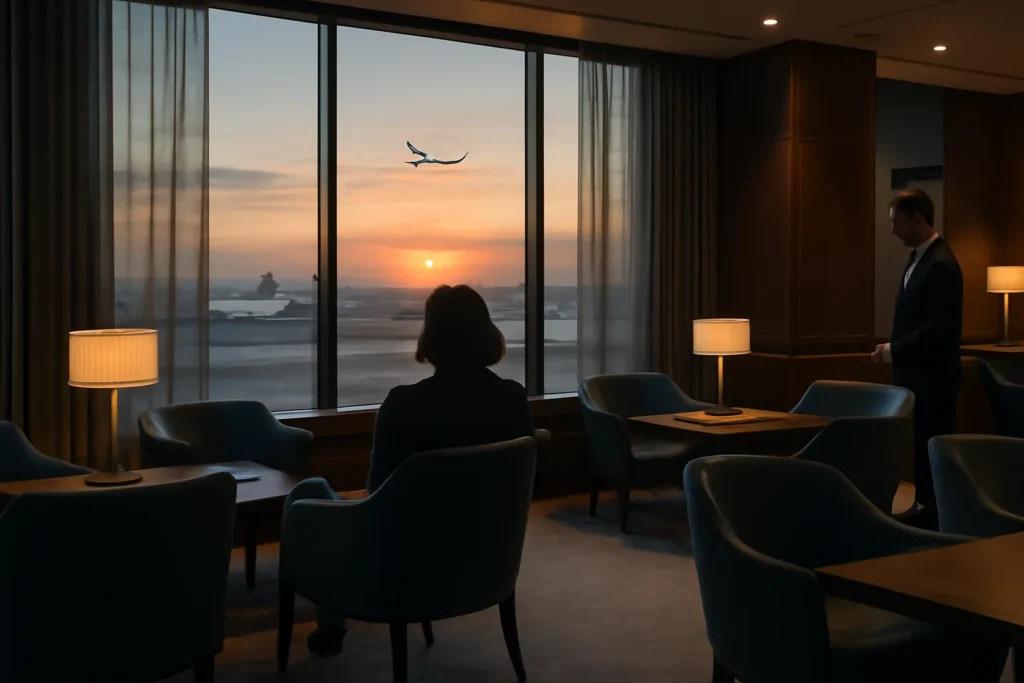 Lounge VIP de aeroporto ao entardecer, cadeiras elegantes e vista para janelas; Santander.