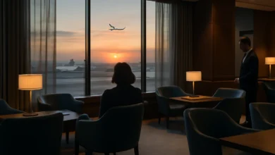 Lounge VIP de aeroporto ao entardecer, cadeiras elegantes e vista para janelas; Santander.