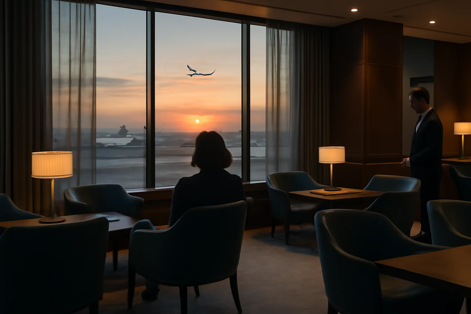 Lounge VIP de aeroporto ao entardecer, cadeiras elegantes e vista para janelas; Santander.