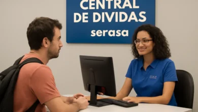 feirão limpa nome: pessoa sendo atendida em central de dívidas com placa Serasa