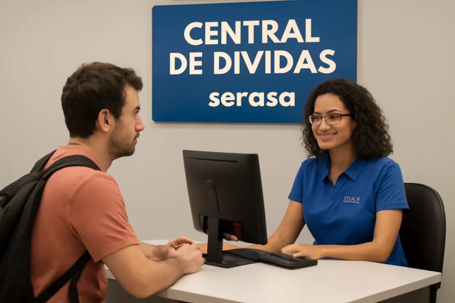 feirão limpa nome: pessoa sendo atendida em central de dívidas com placa Serasa