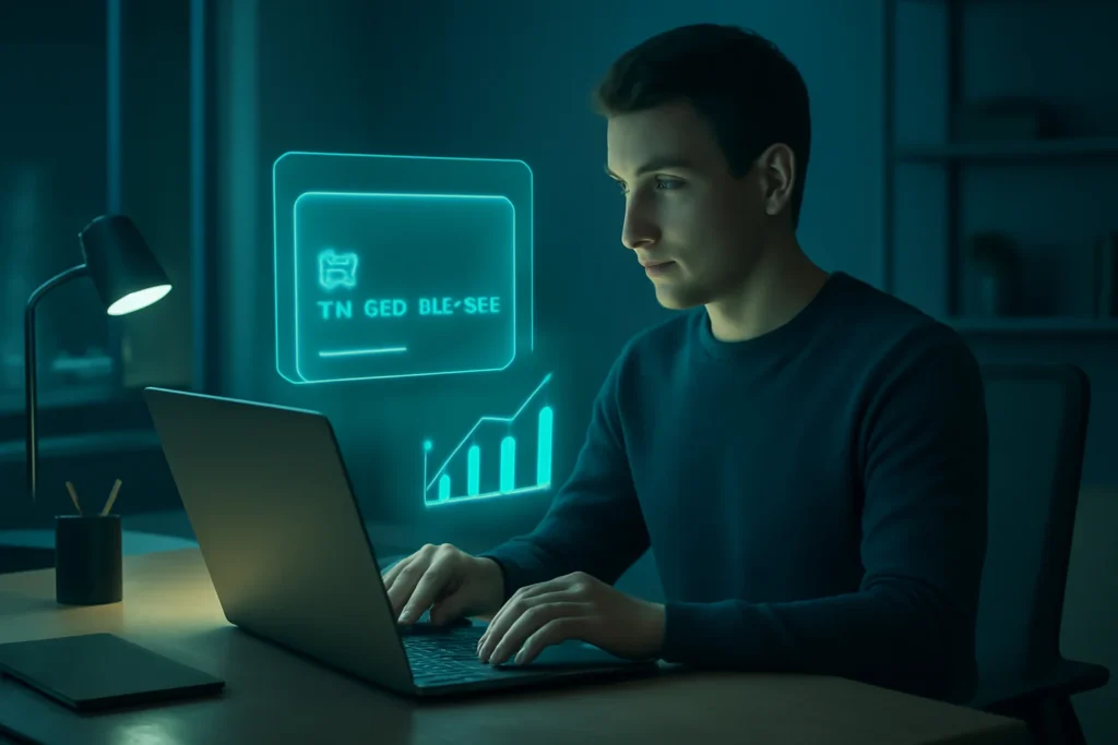 Escritório moderno com notebook e holograma de cartão destacando cartão crédito fácil aprovar.