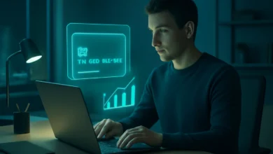 Escritório moderno com notebook e holograma de cartão destacando cartão crédito fácil aprovar.