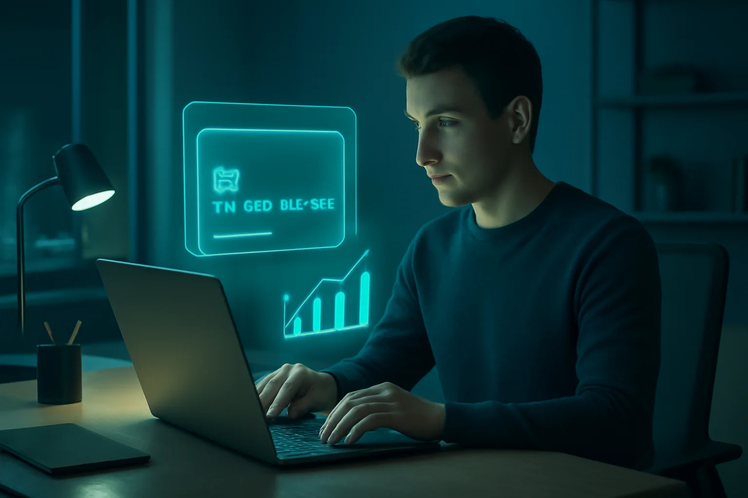 Escritório moderno com notebook e holograma de cartão destacando cartão crédito fácil aprovar.