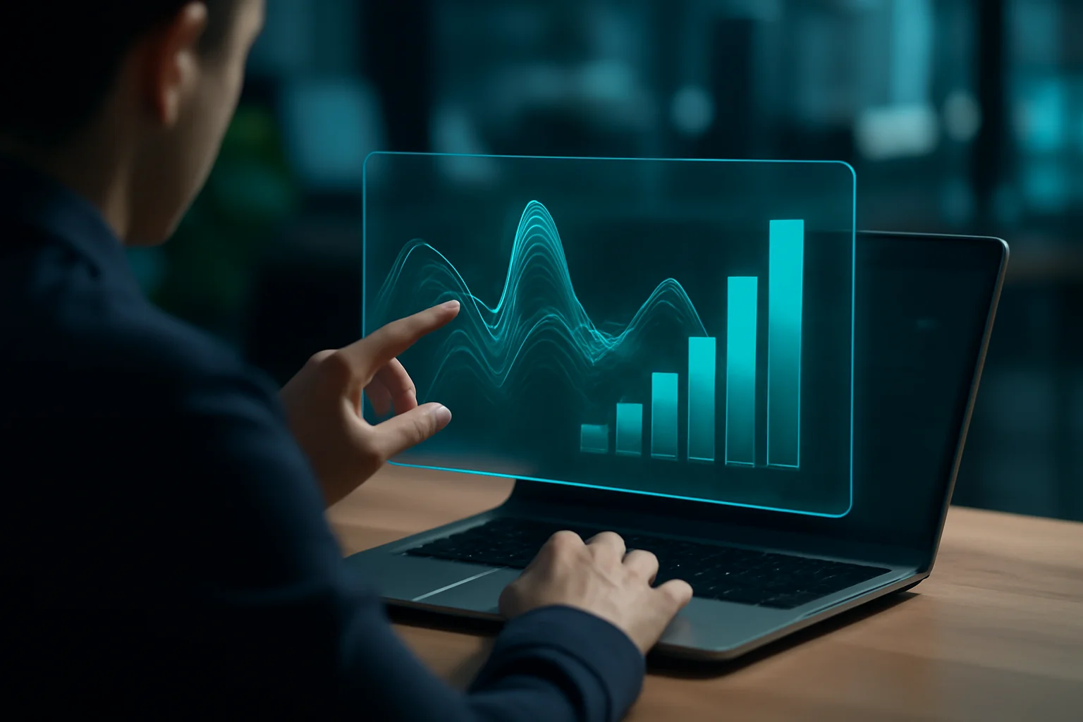 Imagem de capa com passo limpar seu nome: pessoa diante de mesa com laptop e tela holográfica 3D, gráficos, financeiro