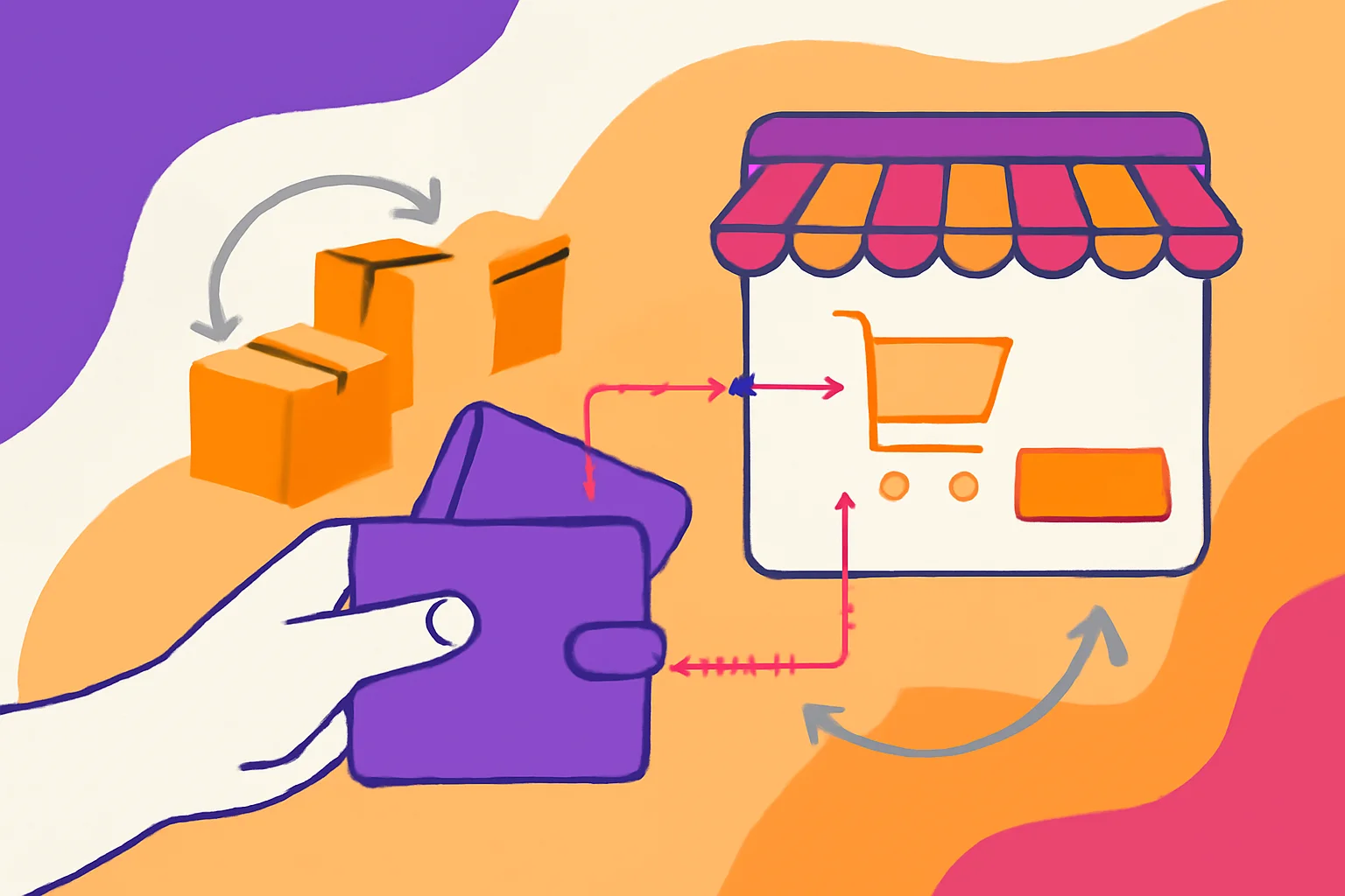 nubank revoluciona compras amazon — ilustração de pagamento digital com mão segurando carteira e tela de compras.