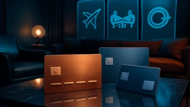 Lounge VIP crepuscular com cartões decorativos, hologramas de milhas e cashback — melhor cartão crédito 2025