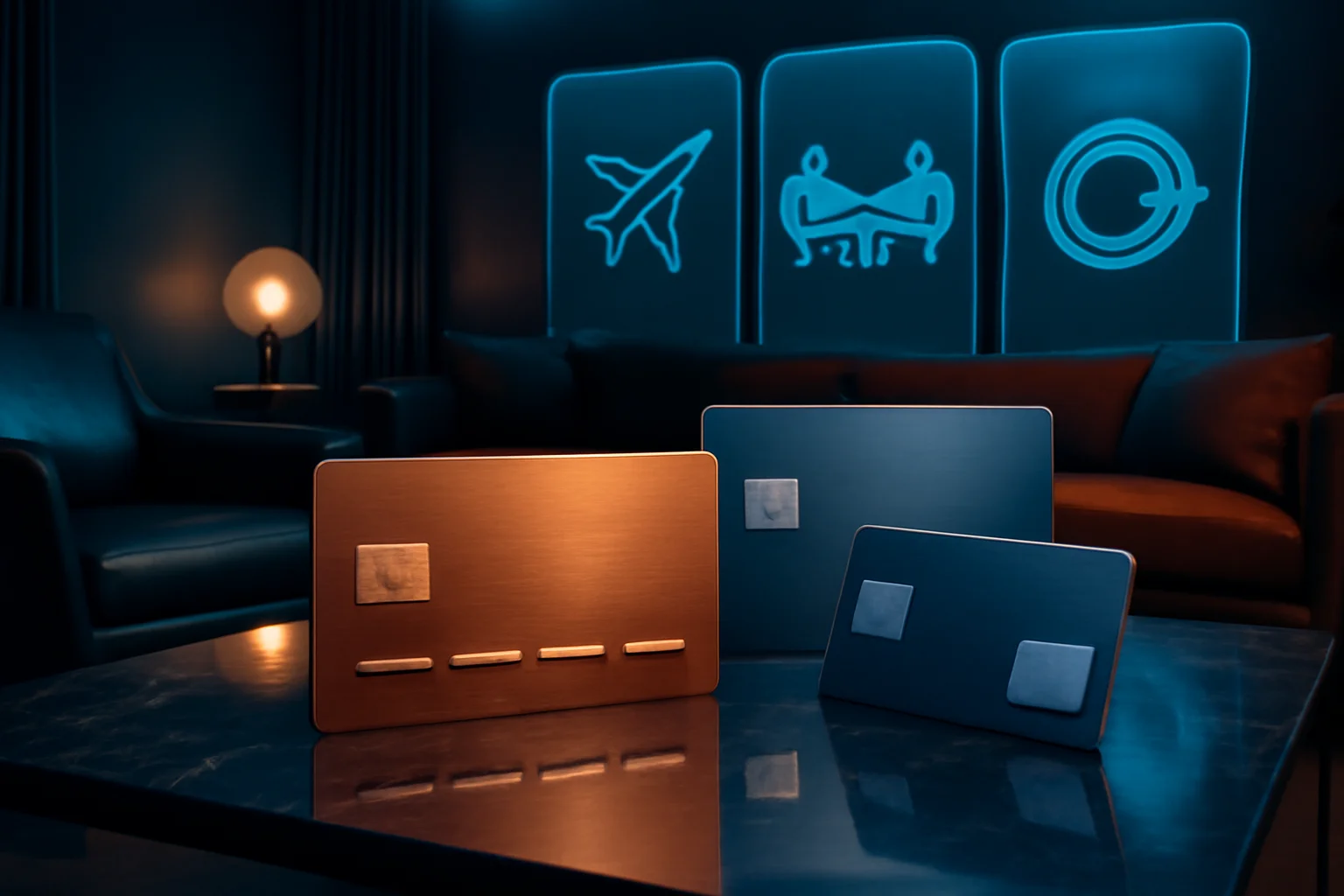 Lounge VIP crepuscular com cartões decorativos, hologramas de milhas e cashback — melhor cartão crédito 2025