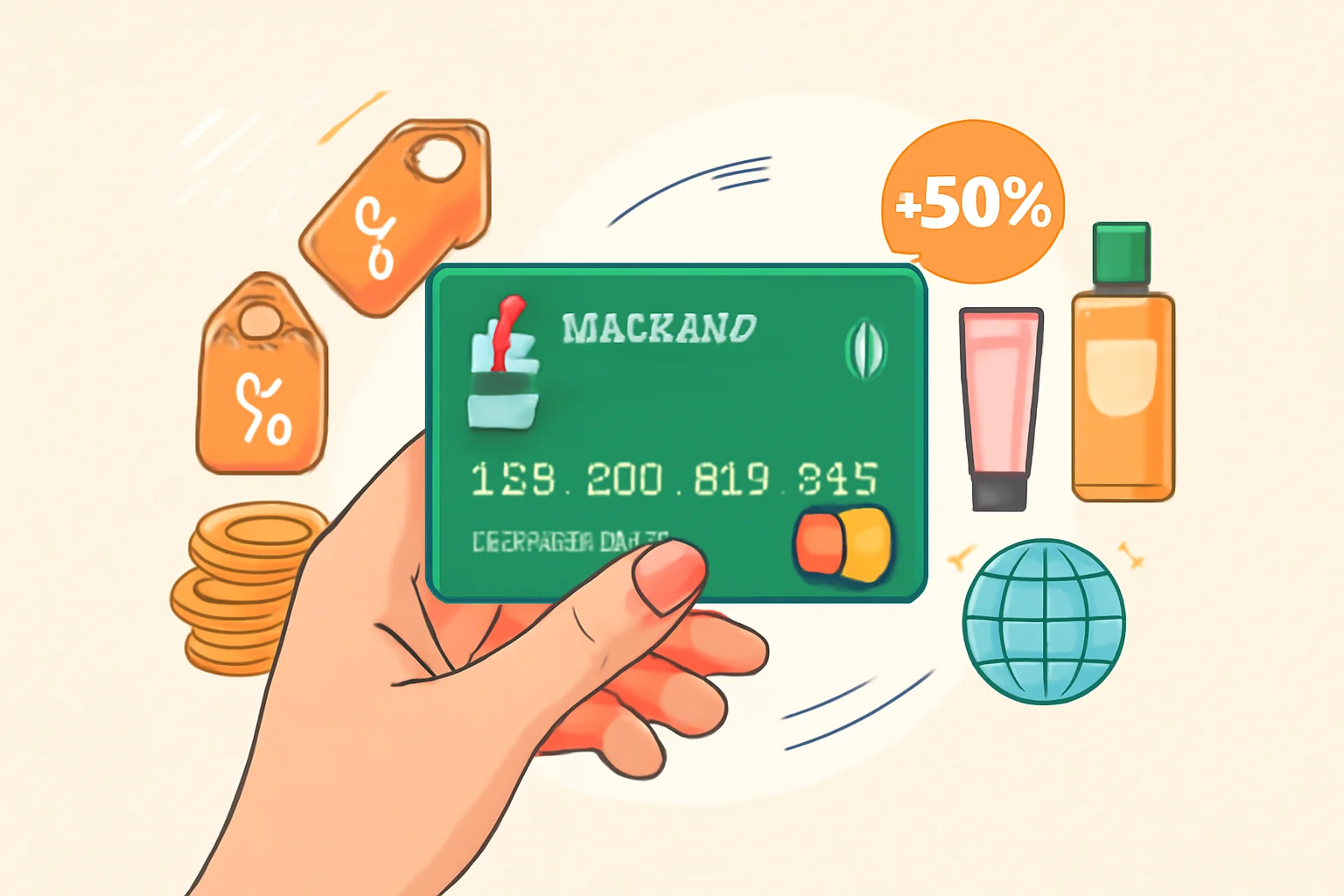 Ilustração de mão segurando cartão Atacadão com moedas, produtos de beleza e etiquetas de desconto, destacando facilidade de parcelar e uso internacional.