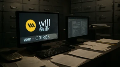Renderização realista de uma sala de cofres com documentos financeiros, computadores e logo do Will Bank em cena de crise