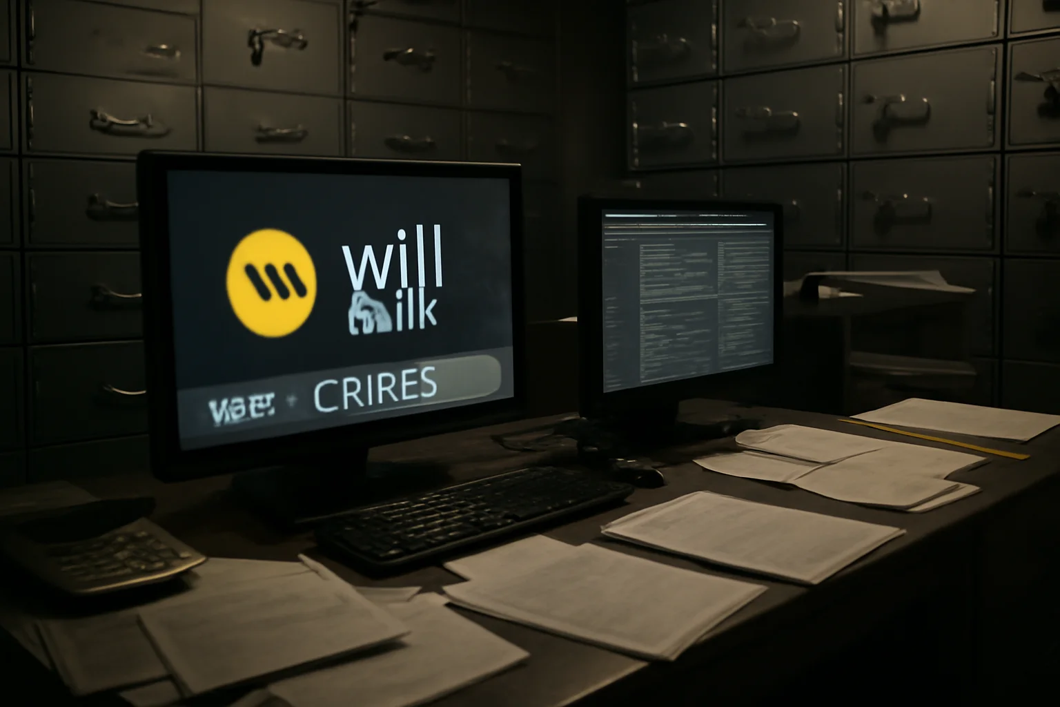 Renderização realista de uma sala de cofres com documentos financeiros, computadores e logo do Will Bank em cena de crise