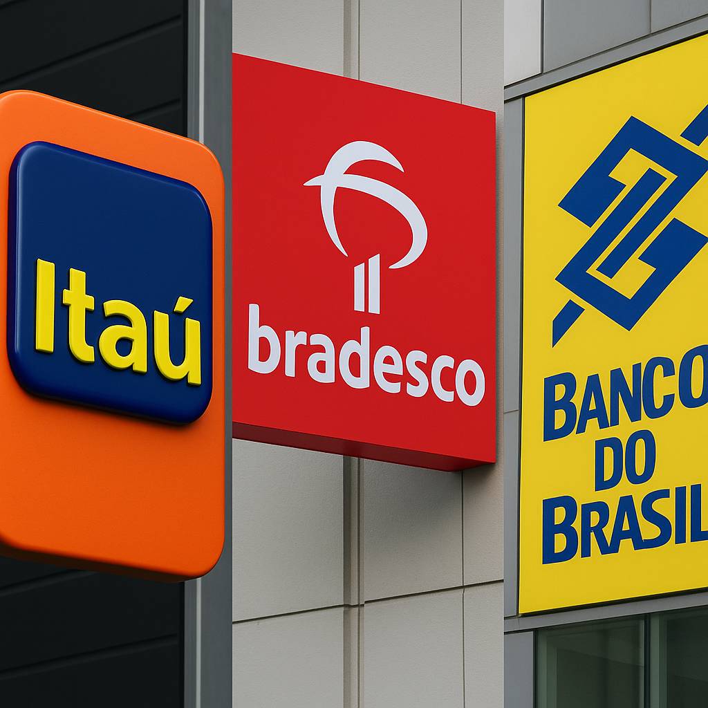 Fachadas dos prédios do Banco do Brasil, Bradesco e Itaú ao entardecer, imagem editorial