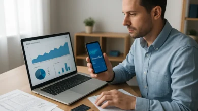 Microempresário usando app financeiro com cartões virtuais e gráficos de despesas