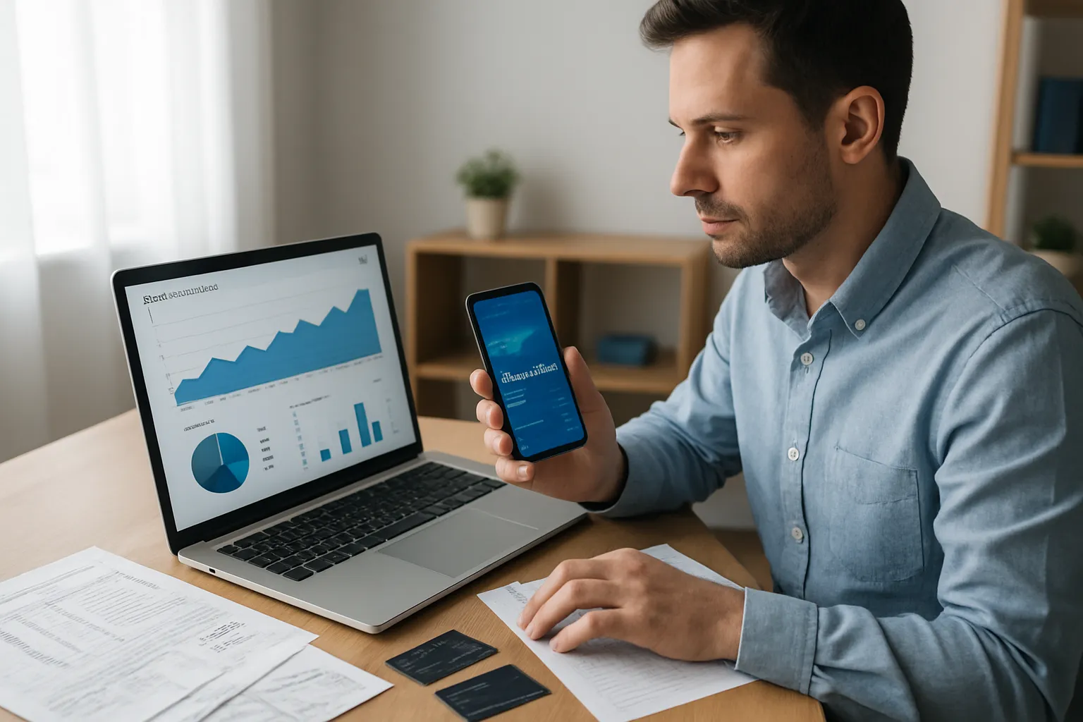 Microempresário usando app financeiro com cartões virtuais e gráficos de despesas