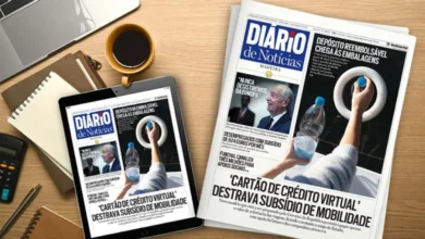 Smartphone com imagem de cartão de crédito virtual e ícones de transporte, em ambiente de aeroporto e autocarro desfocado
