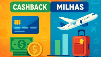 [uma representação visual com ícones de dinheiro e viagens] sobre como escolher entre cashback e milhas