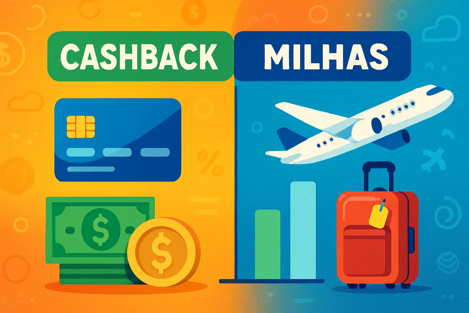 [uma representação visual com ícones de dinheiro e viagens] sobre como escolher entre cashback e milhas