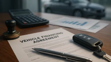 Pessoa analisa contrato de financiamento com garantia de veículo ao lado de um carro