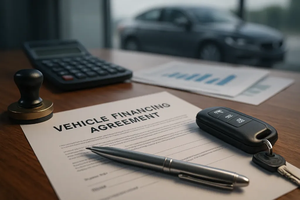 Pessoa analisa contrato de financiamento com garantia de veículo ao lado de um carro
