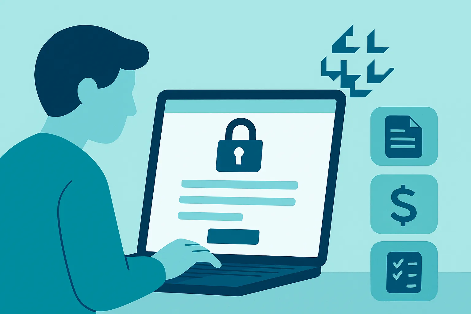 Pessoa consultando valores a receber no laptop com ícones de segurança e documentos