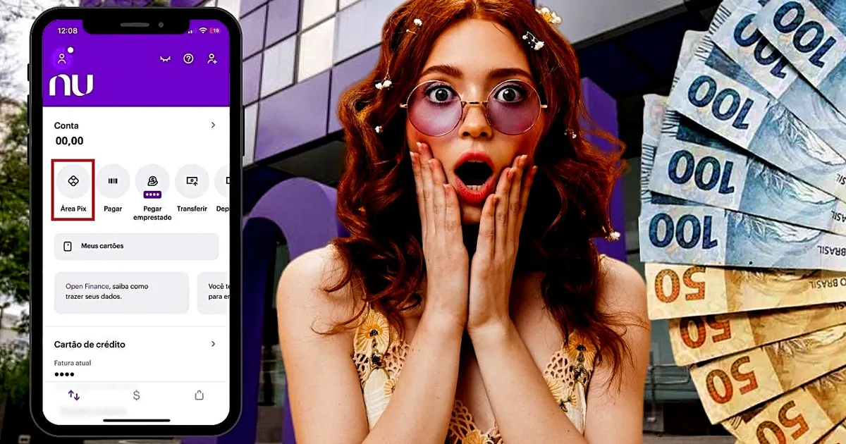 Close-up de mãos usando o app Nubank na tela Pix com opção de pagar com cartão de crédito