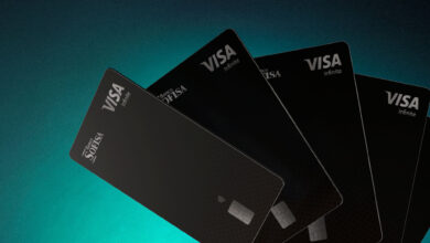 Cartão Sofisa Visa Infinite com elementos de viagem e smartphone mostrando cashback